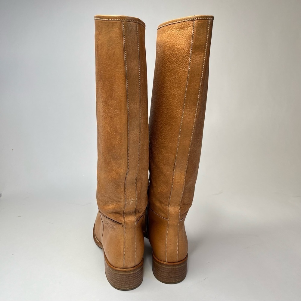 VINTAGE Prada 1990s Tan Camel Italian Leather Side Zip Pullon Classic Flat Boots - Picture 4 of 16